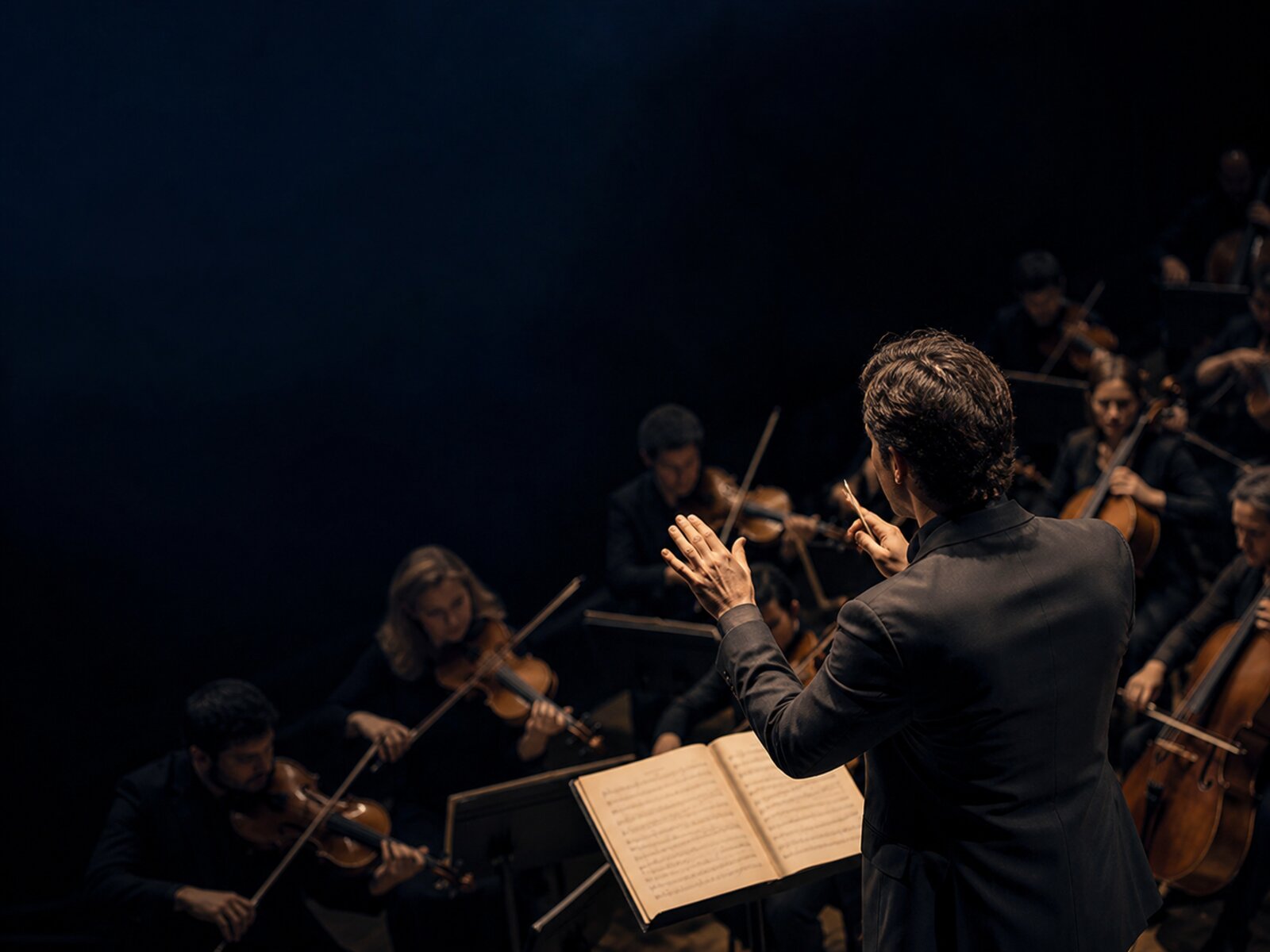 En dirigent leder en orkester, sedd bakifrån i strålkastarljus